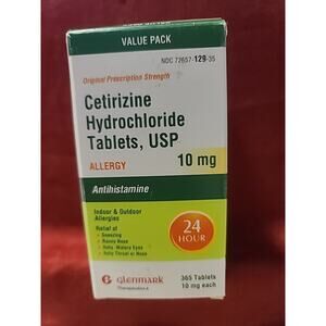 365ct Glenmark Allergy Cetirizine 10mg Antihistamine 24 hour Exp 11/2026